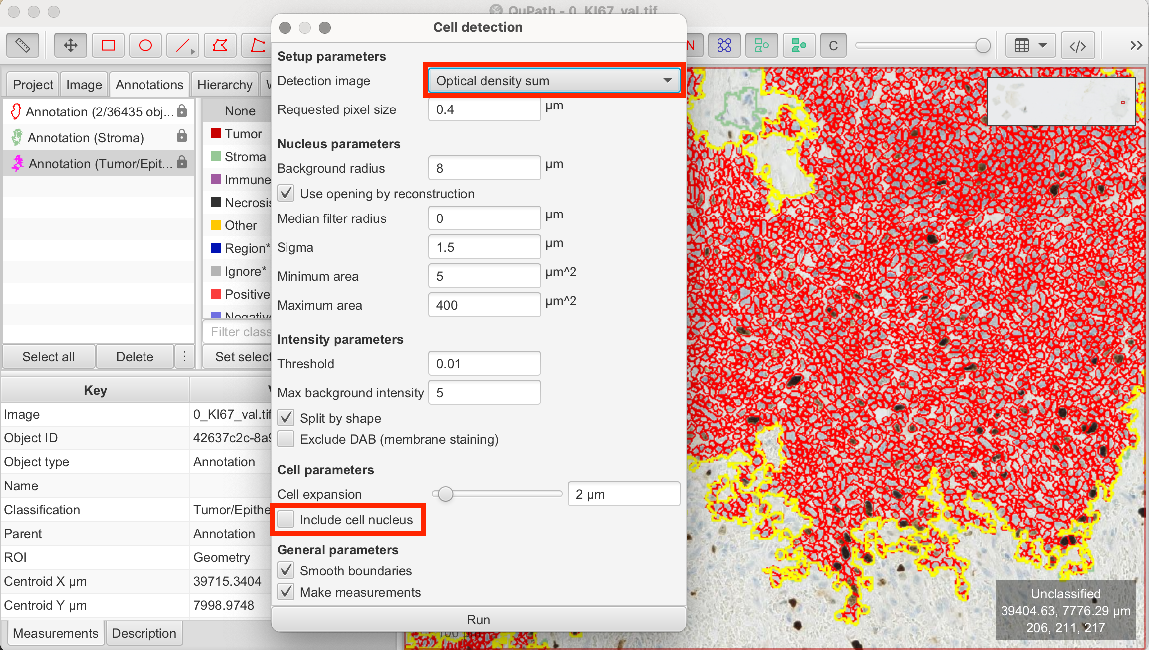 Set cell detection parameters